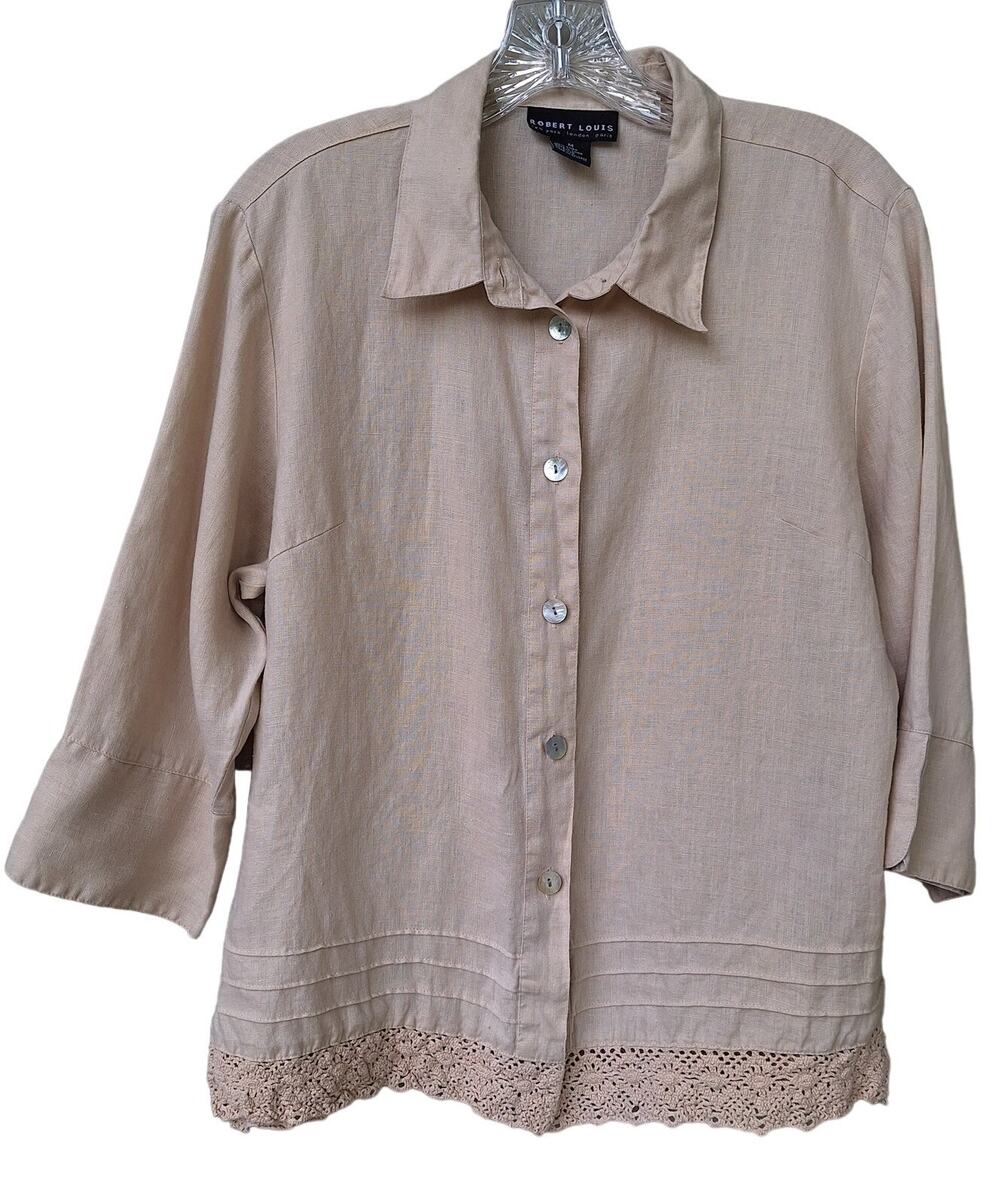 Robert Louis 100% Linen Crochet Trim Mother of Pearl buttons Blouse Shirt Tan M